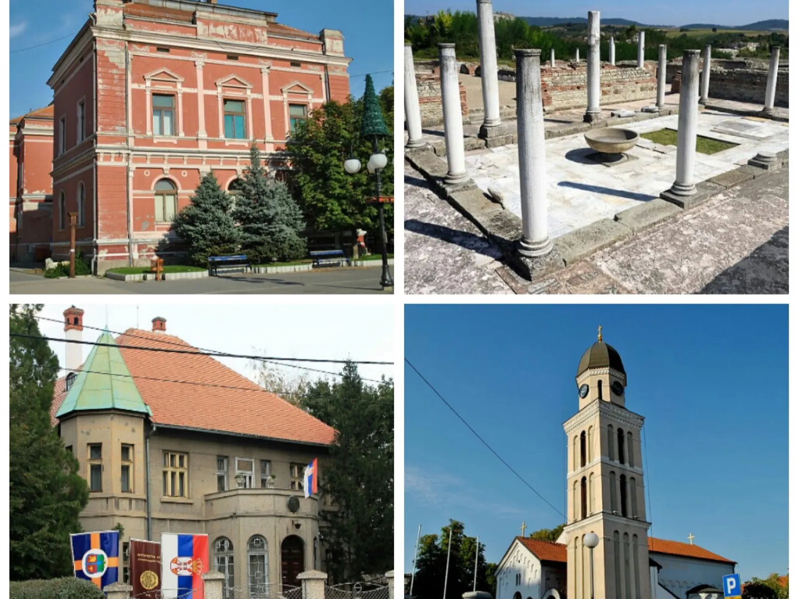 Bildcollage aus Zaječar mit Verwaltungsgebäuden, Kirche und den Säulen von Felix Romuliana